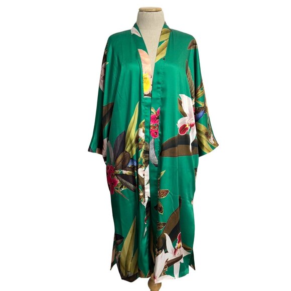 Chicos Tropical Emerald Floral Kimono Wrap L/XL Polyester Womens Lightweight Cov - Picture 2 of 13